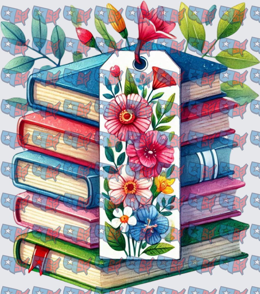 Stacked Books With Floral Bookmark And Greenery (DTF)