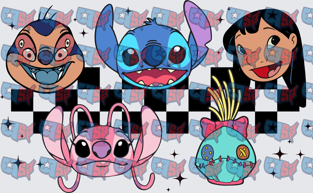 Blue Alien And Friends Checkered Character Faces (DTF)