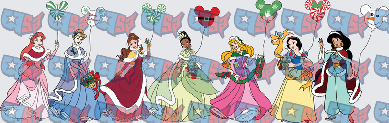 Seven Holiday Princesses With Christmas Balloons (DTF)
