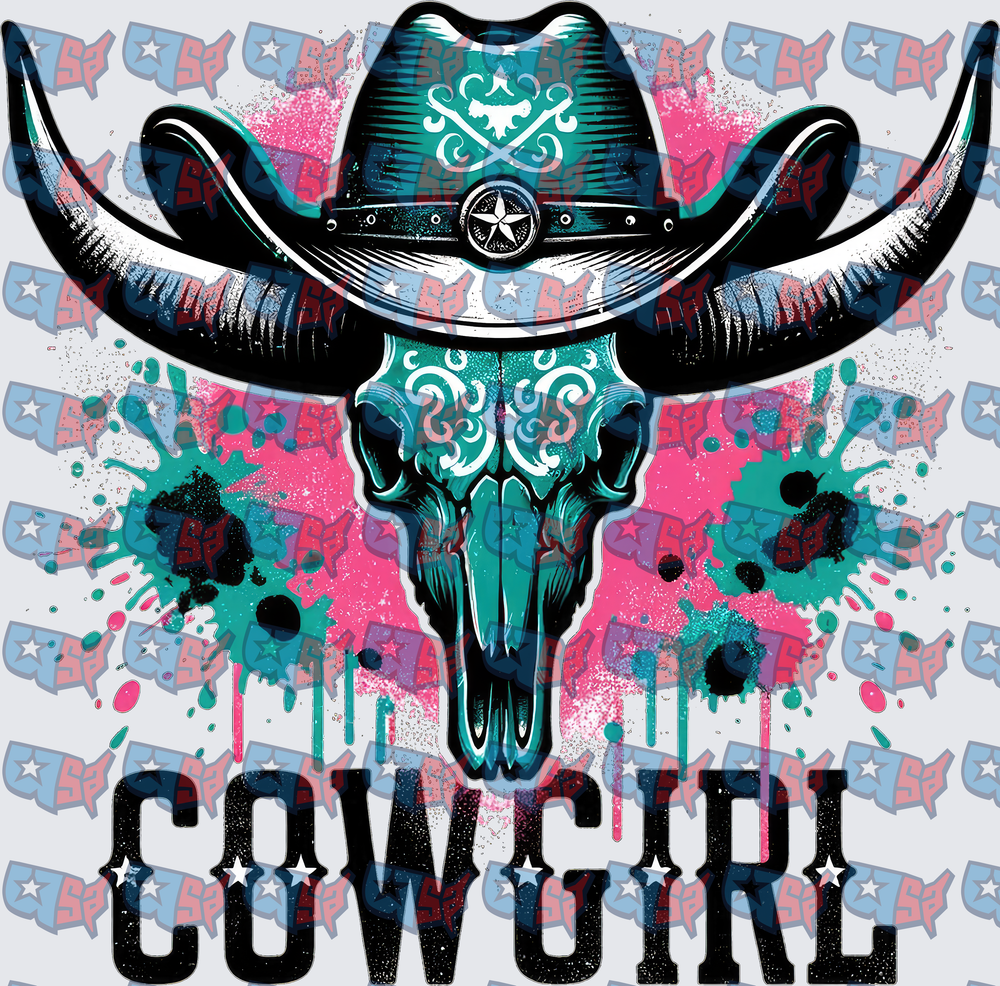 Teal Pink Cowgirl Bull Skull Western Hat (DTF)