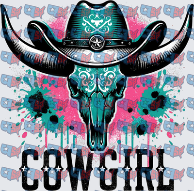 Teal Pink Cowgirl Bull Skull Western Hat (DTF)