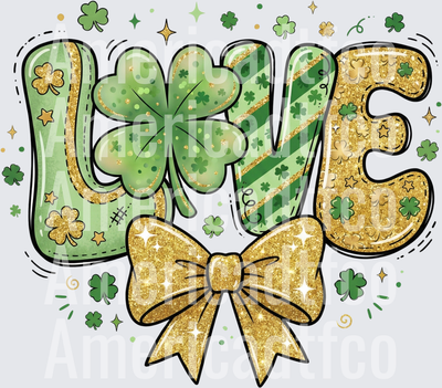 St Patrick's Day LOVE Shamrock Gold Glitter Bow (DTF)