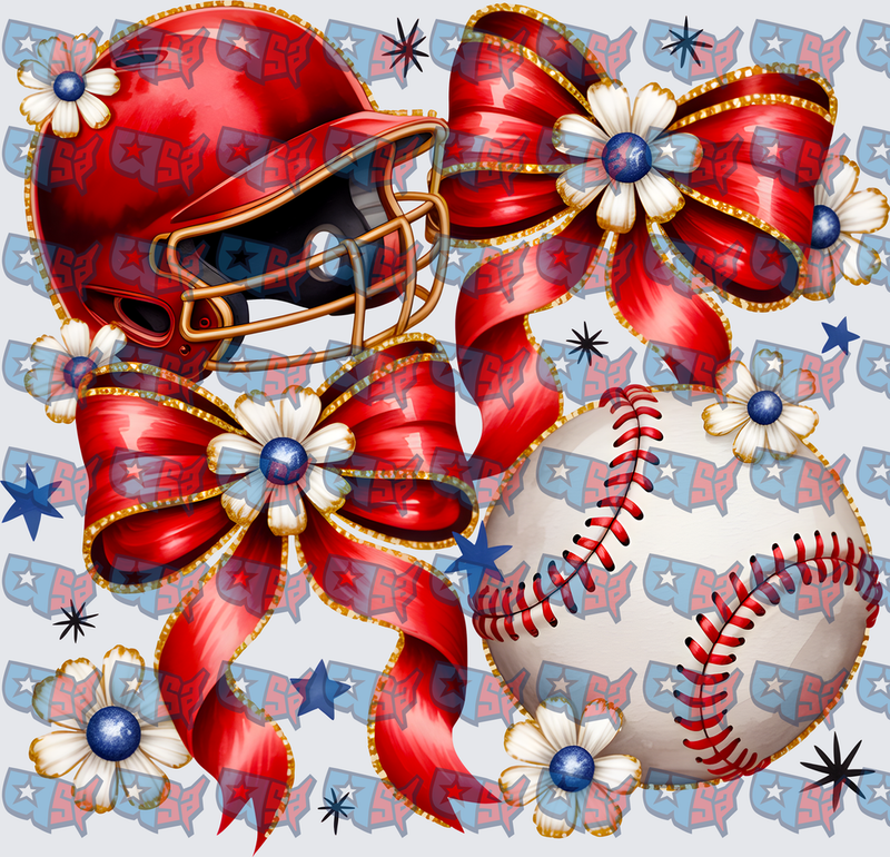 Red Football Helmet Baseball Bows Floral Design (DTF)