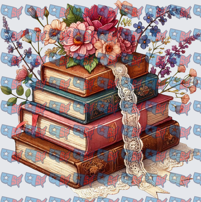 Vintage Stacked Books with Floral Bouquet and Lace (DTF)