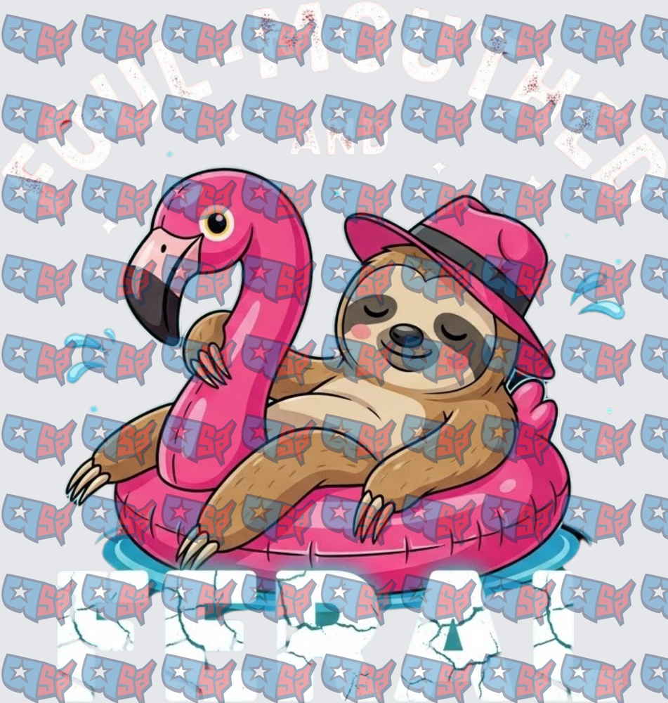 Sloth Floating on Pink Flamingo Pool Float (DTF)