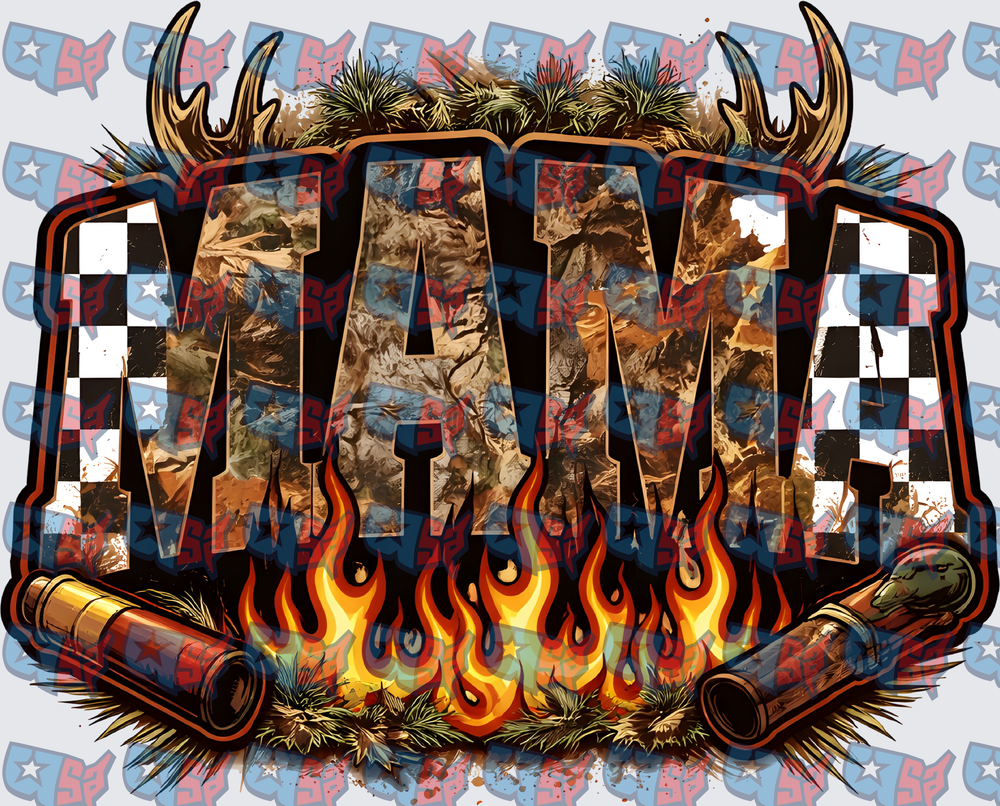 Mama Camo Checkered Flames Antlers Bullet Design (DTF)