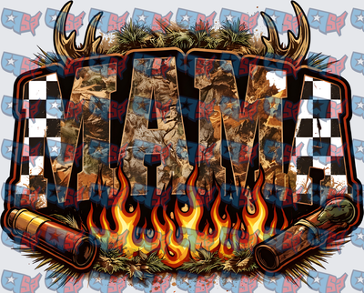 Mama Camo Checkered Flames Antlers Bullet Design (DTF)