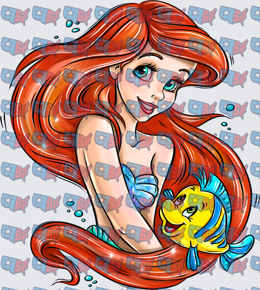 Red Hair Mermaid Princess with Yellow Fish Friend (DTF)