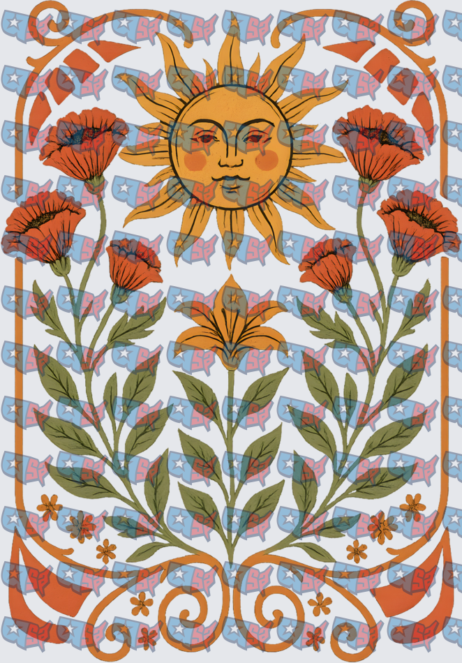 Boho Sun Face Red Poppies Floral Folk Art (DTF)