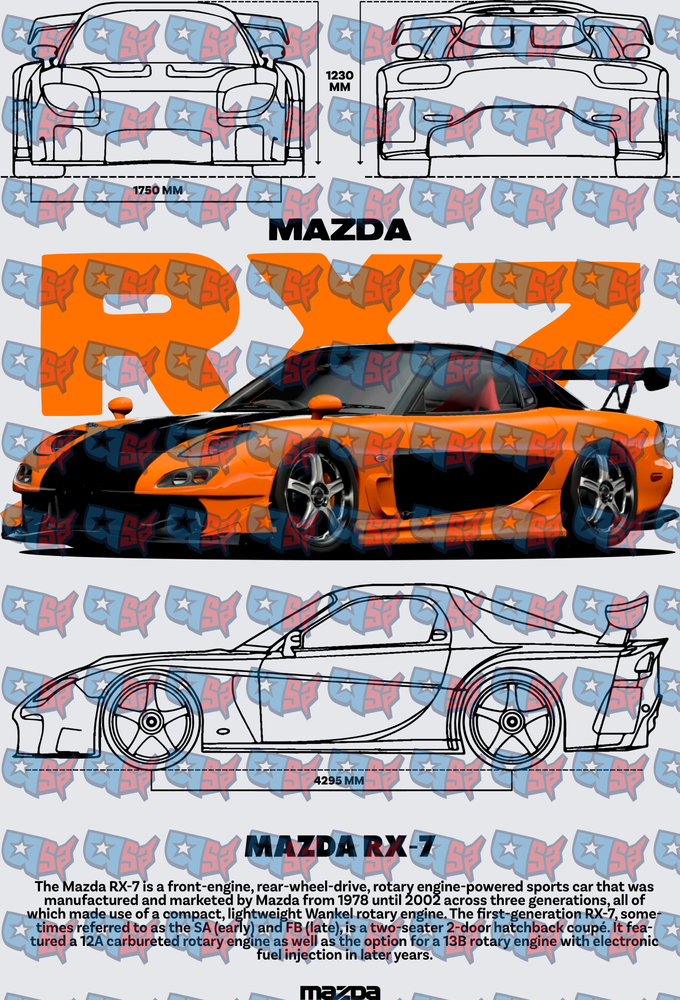 Mazda RX-7 Blueprint Specs Orange Sports Car Art (DTF)