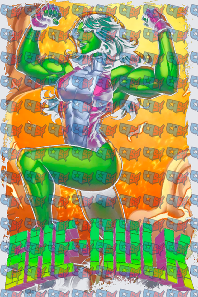 Powerful Green Female Superhero Flexing Muscles Fiery Background (DTF)