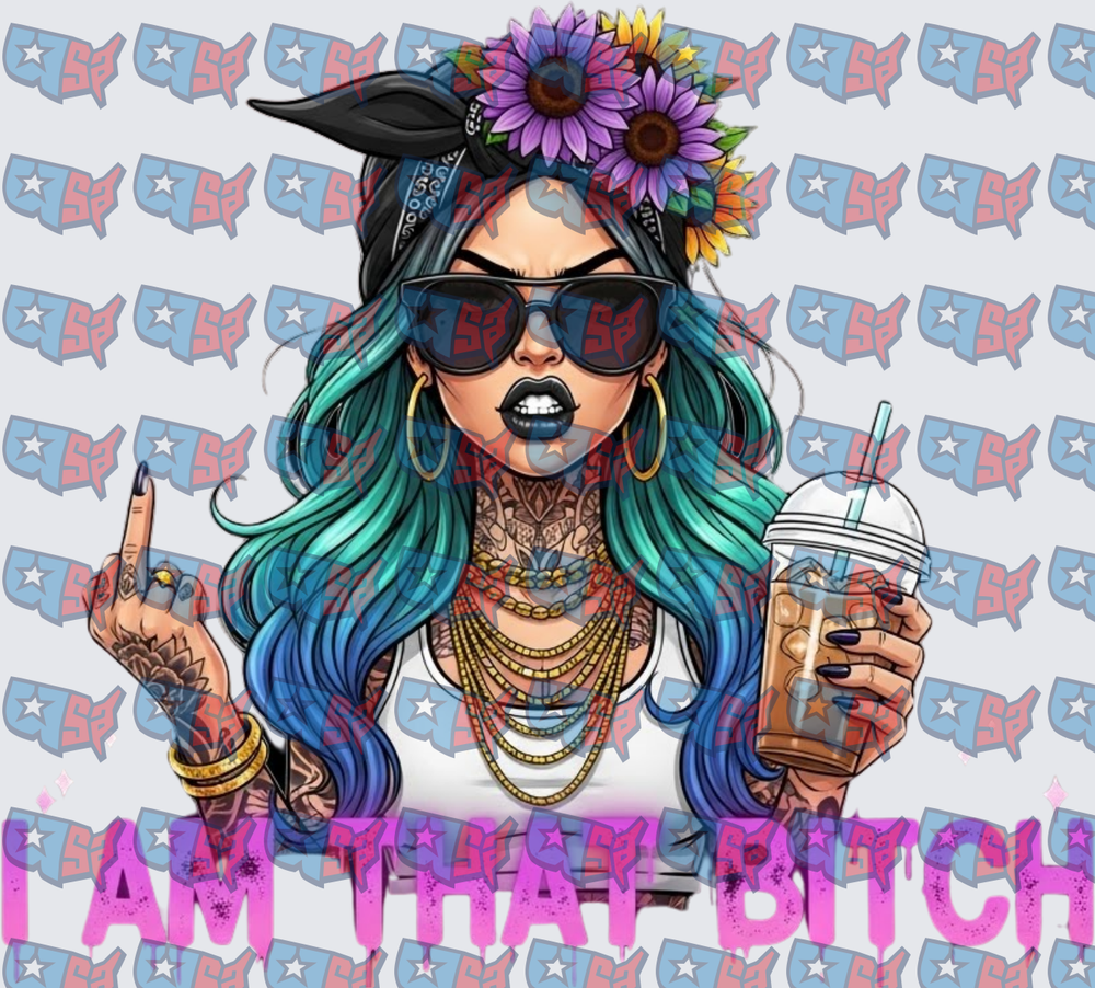 Tattooed Baddie Flipping Off Iced Coffee I Am That Bitch (DTF)