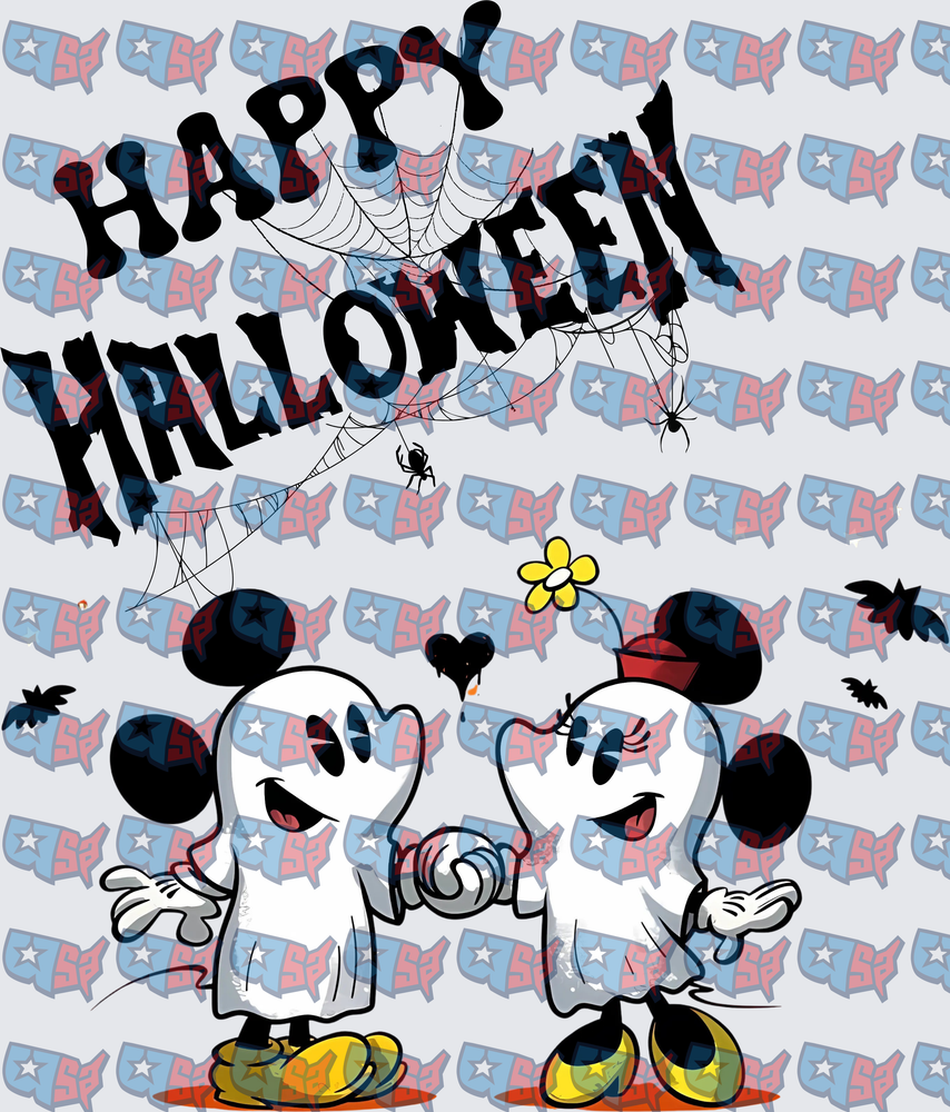 Happy Halloween Ghost Mouse Couple Spiderwebs Bats (DTF)