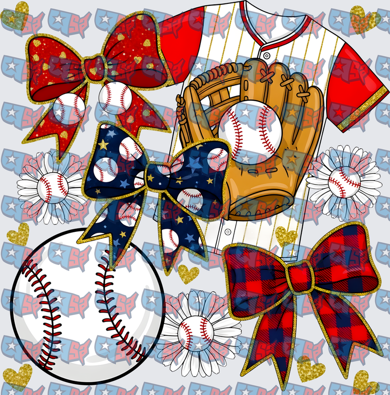 Baseball Bows Jersey Glove Daisy Floral Collage (DTF)