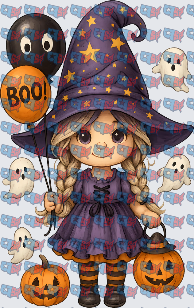 Cute Witch Girl Halloween Boo Balloons Ghosts Pumpkins (DTF)