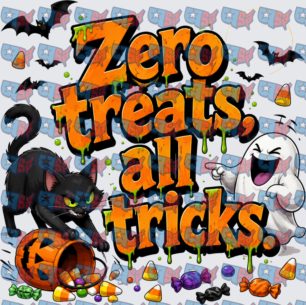 Zero Treats All Tricks Halloween Cat Ghost Candy Design (DTF)