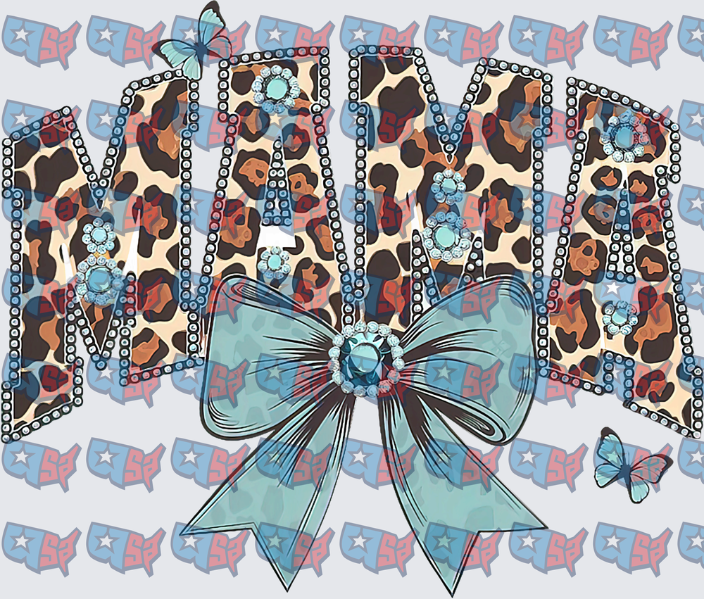 Leopard Print Mama Rhinestone Teal Bow Butterflies (DTF)