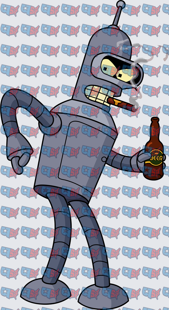 Cocky Robot Smoking Cigar Holding Beer Bottle (DTF)