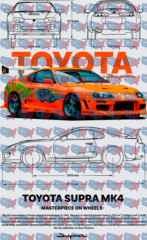 Toyota Supra MK4 Masterpiece Blueprint Specs Poster Art (DTF)