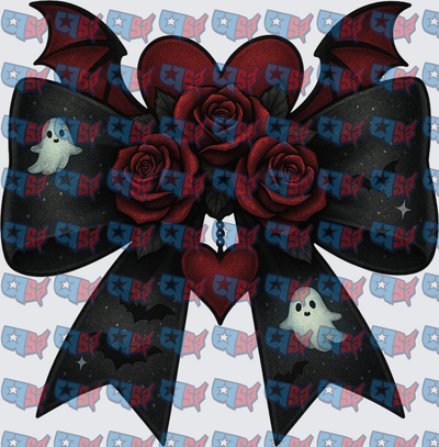 Gothic Halloween Bow With Roses Ghosts And Bats (DTF)