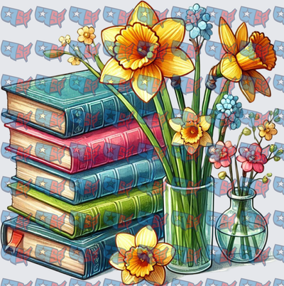 Stacked Books With Daffodils In Glass Vases (DTF)