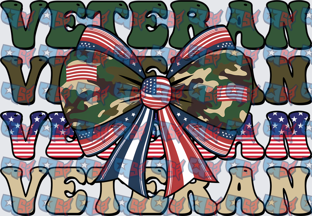 Veteran Camo American Flag Bow Layered Text (DTF)
