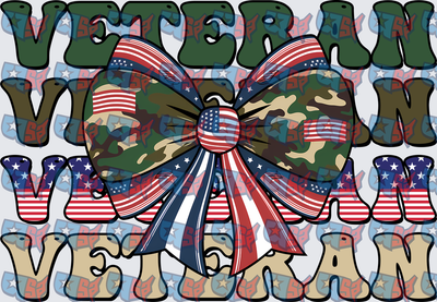 Veteran Camo American Flag Bow Layered Text (DTF)
