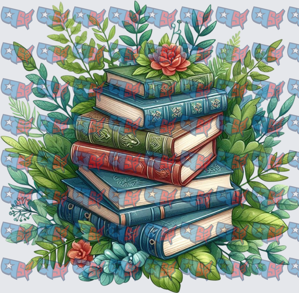 Stacked Vintage Books With Floral Greenery (DTF)