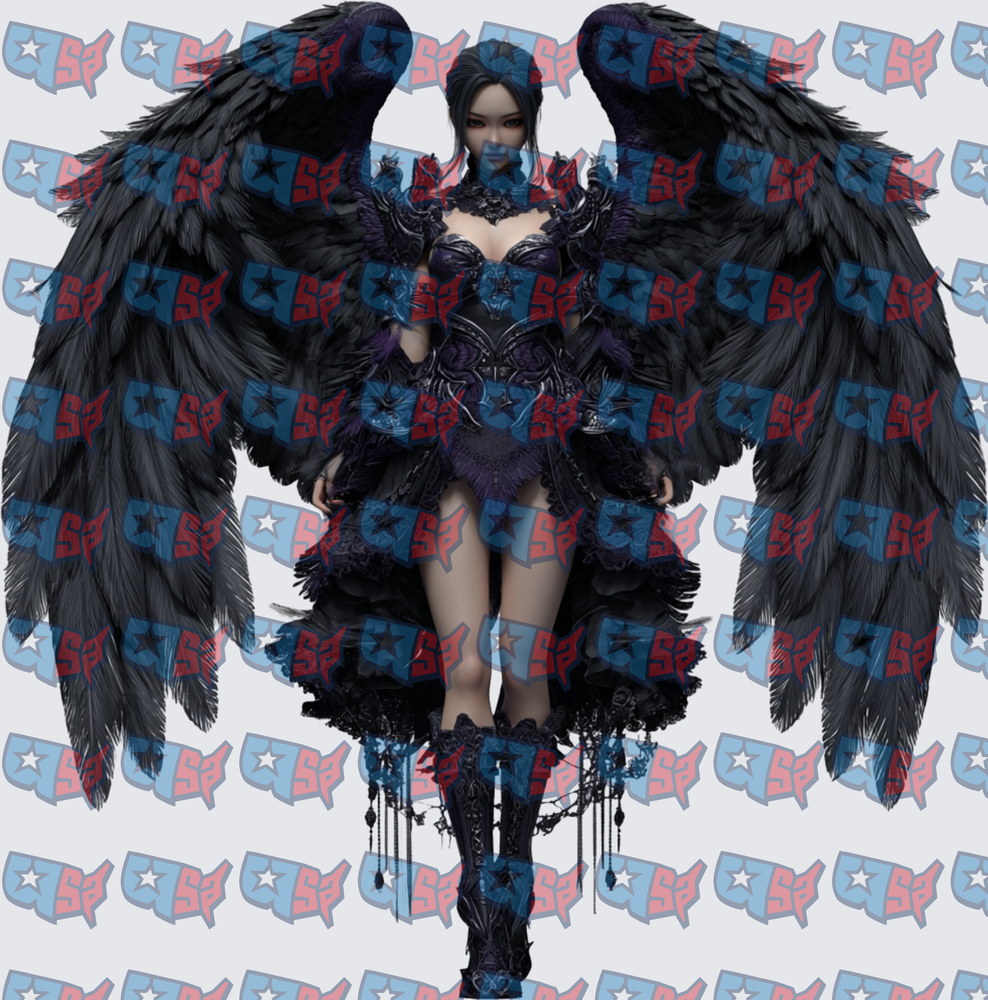 Dark Angel Woman Massive Black Feathered Wings (DTF)