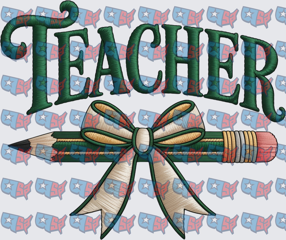 Teacher Embroidery Style Pencil With Bow (DTF)