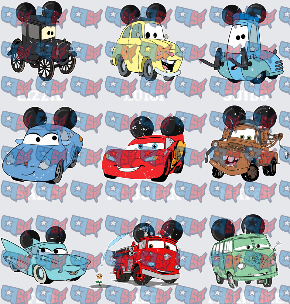 Cartoon Cars Characters Wearing Mouse Ears Bundle (DTF)