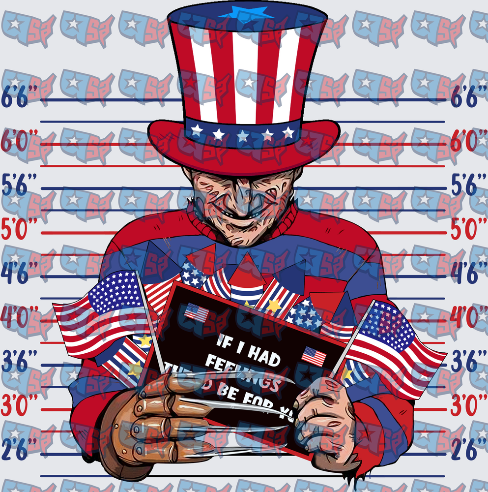 Freddy Krueger Patriotic Mugshot With American Flags (DTF)