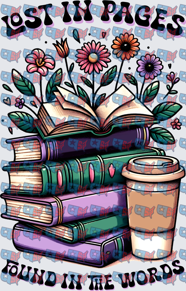Lost In Pages Found In The Words Book Stack Floral Coffee (DTF)