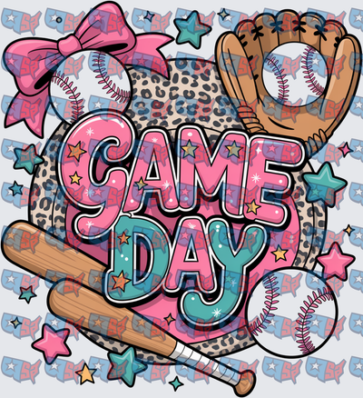 Game Day Baseball Leopard Pink Bow Stars Design (DTF)