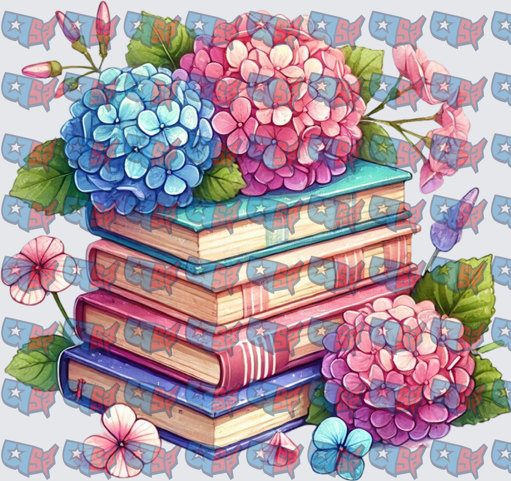 Stacked Books with Colorful Hydrangea Blooms (DTF)