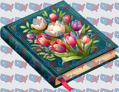 Teal Hardcover Book With Colorful Tulip Bouquet (DTF)