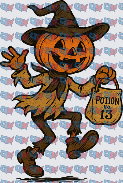 Dancing Jack-O-Lantern Witch Holding Potion No 13 Bag (DTF)