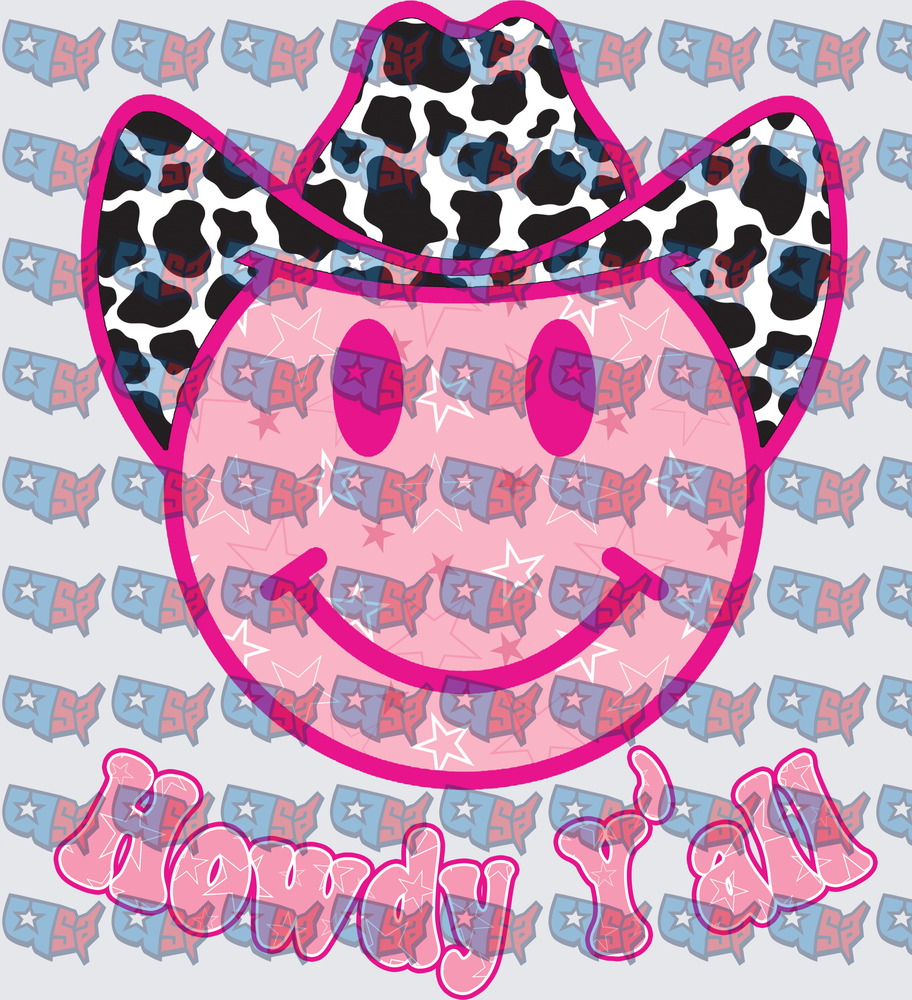 Howdy Y'all Pink Smiley Face Cow Print Cowboy Hat (DTF)