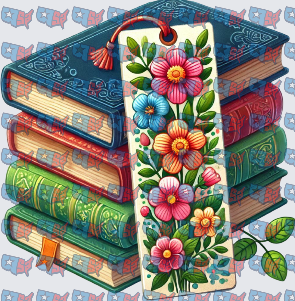 Floral Bookmark Leaning Against Stacked Books (DTF)