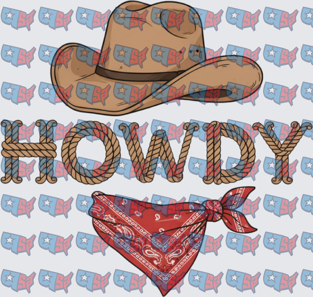 Howdy Cowboy Hat Rope Text Red Bandana (DTF)