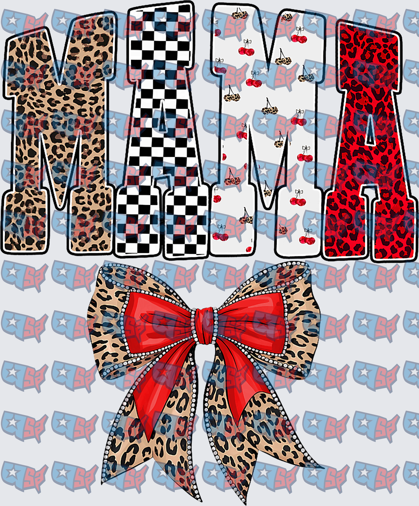 Mama Leopard Checkered Cherry Print Coquette Bow (DTF)