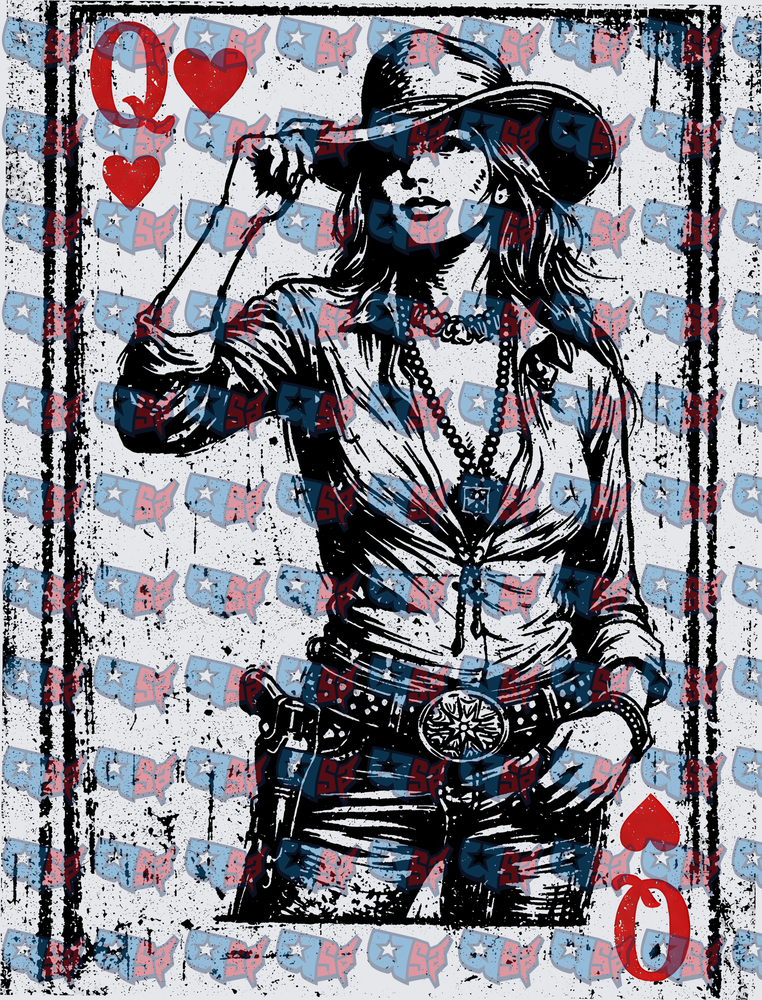 Queen of Hearts Cowgirl Playing Card Distressed (DTF)
