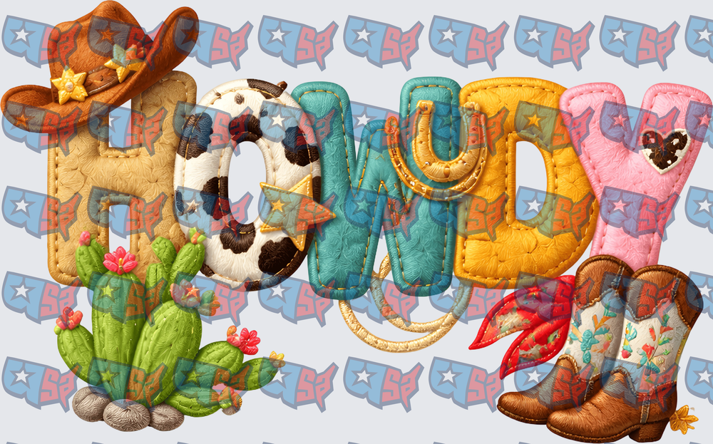 Howdy Western Faux Embroidery Patchwork Cowboy Design (DTF)