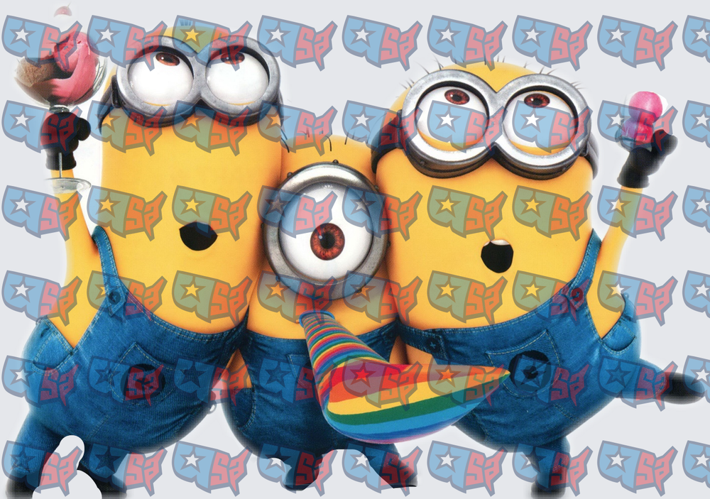 Three Yellow Minion Characters Holding Candy and Rainbow Fan (DTF)