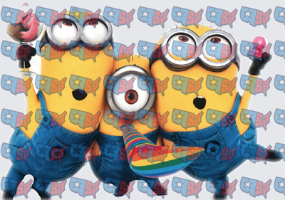 Three Yellow Minion Characters Holding Candy and Rainbow Fan (DTF)