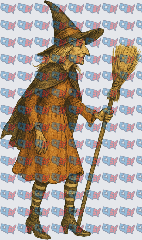 Vintage Old Hag Witch Holding Broomstick (DTF)