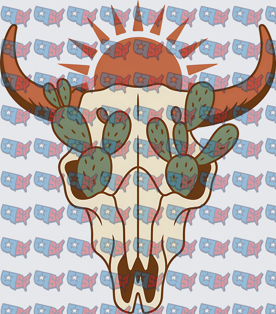 Longhorn Skull With Prickly Pear Cactus Sunrise (DTF)