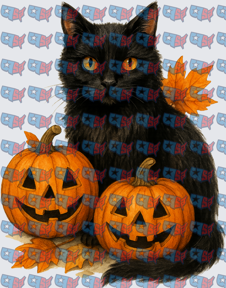 Black Cat With Jack-O-Lanterns And Fall Leaves (DTF)