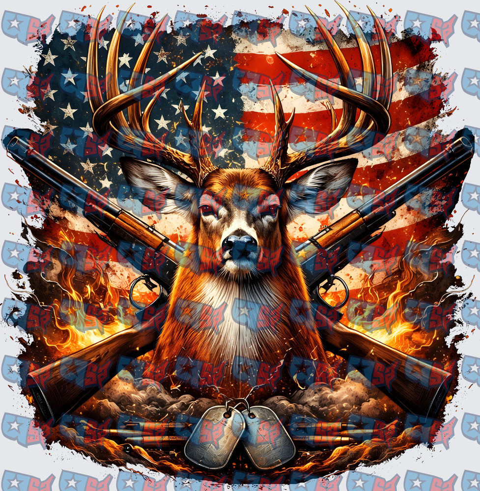 Patriotic Buck Crossed Rifles Flames Dog Tags Flag (DTF)