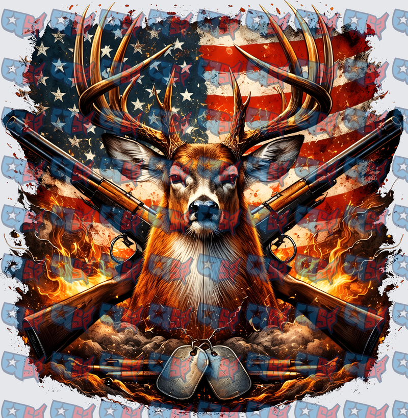 Patriotic Buck Crossed Rifles Flames Dog Tags Flag (DTF)